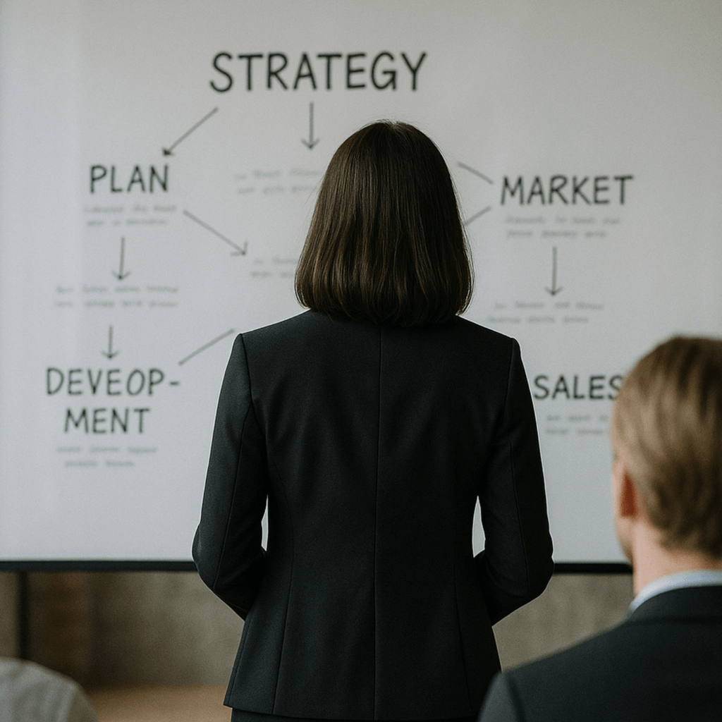 woman standing in front of whiteboard with business terms